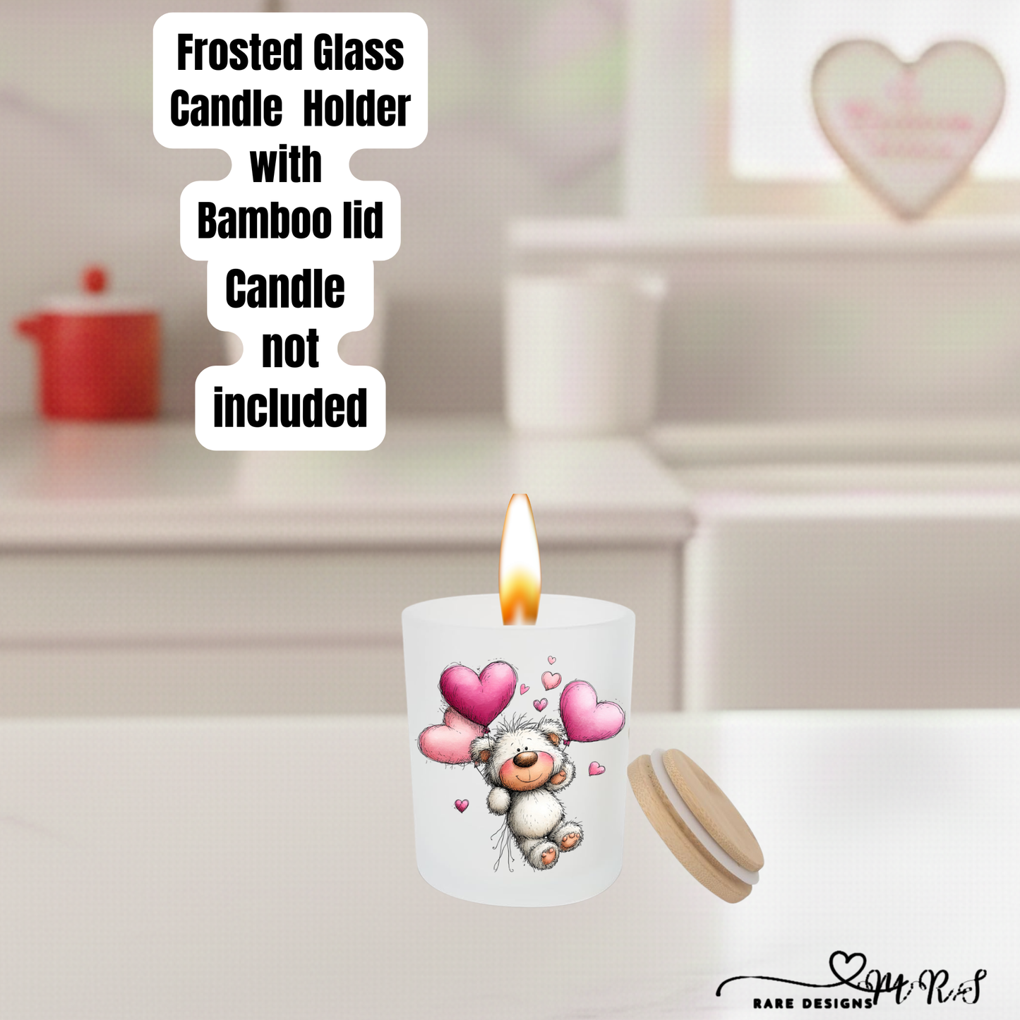 Adorable Teddy Bear Frosted Glass Candle Holder with Bamboo Lid – Valentine’s Gift Home Décor Collection
