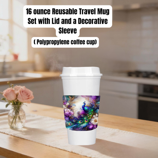 Elegant Peacock 16oz Reusable Travel Mug – Polypropylene Coffee Cup with Lid & Decorative Sleeve Available in Black or White