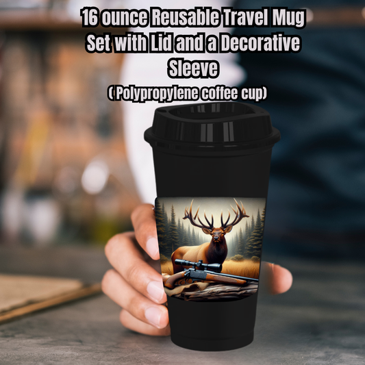 Elk Hunter 16oz Travel Mug Set — Reusable Cup, Lid & Decorative Sleeve (Polypropylene)