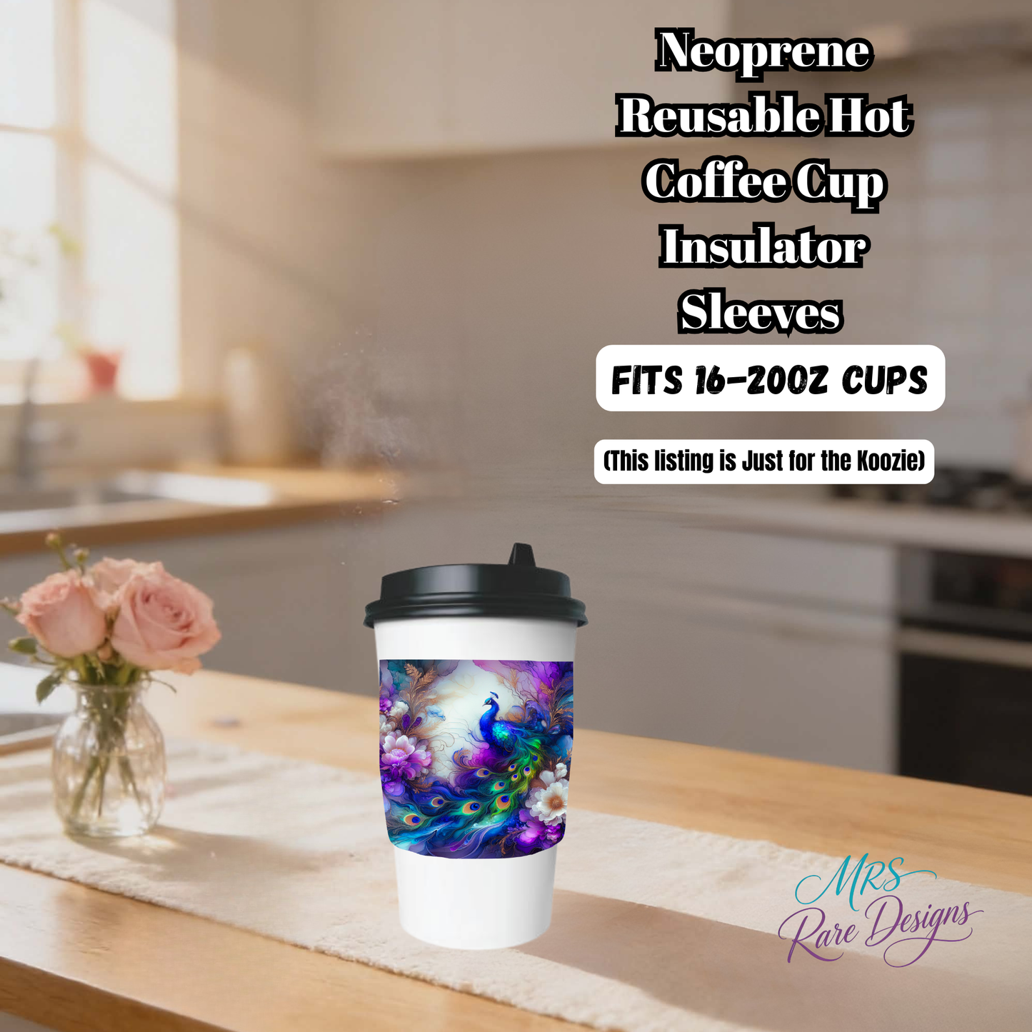 Peacock Dreams Neoprene Coffee Cup Sleeve – Reusable Hot Drink Insulator for 16–20oz Cups