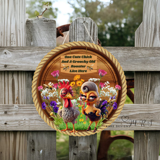 Cute Chick & Grouchy Rooster Round Door Sign