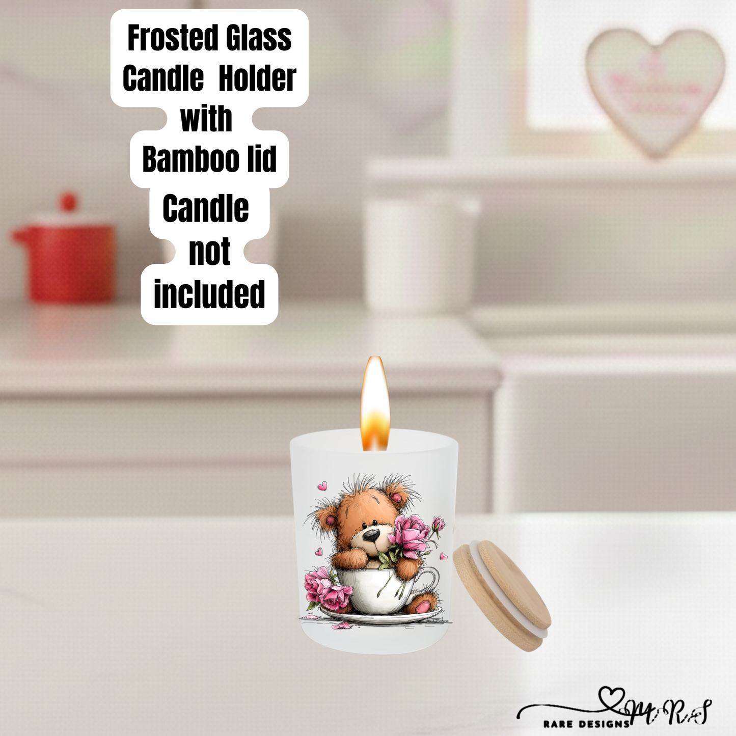 Adorable Teddy Bear Frosted Glass Candle Holder with Bamboo Lid – Valentine’s Gift Home Décor Collection