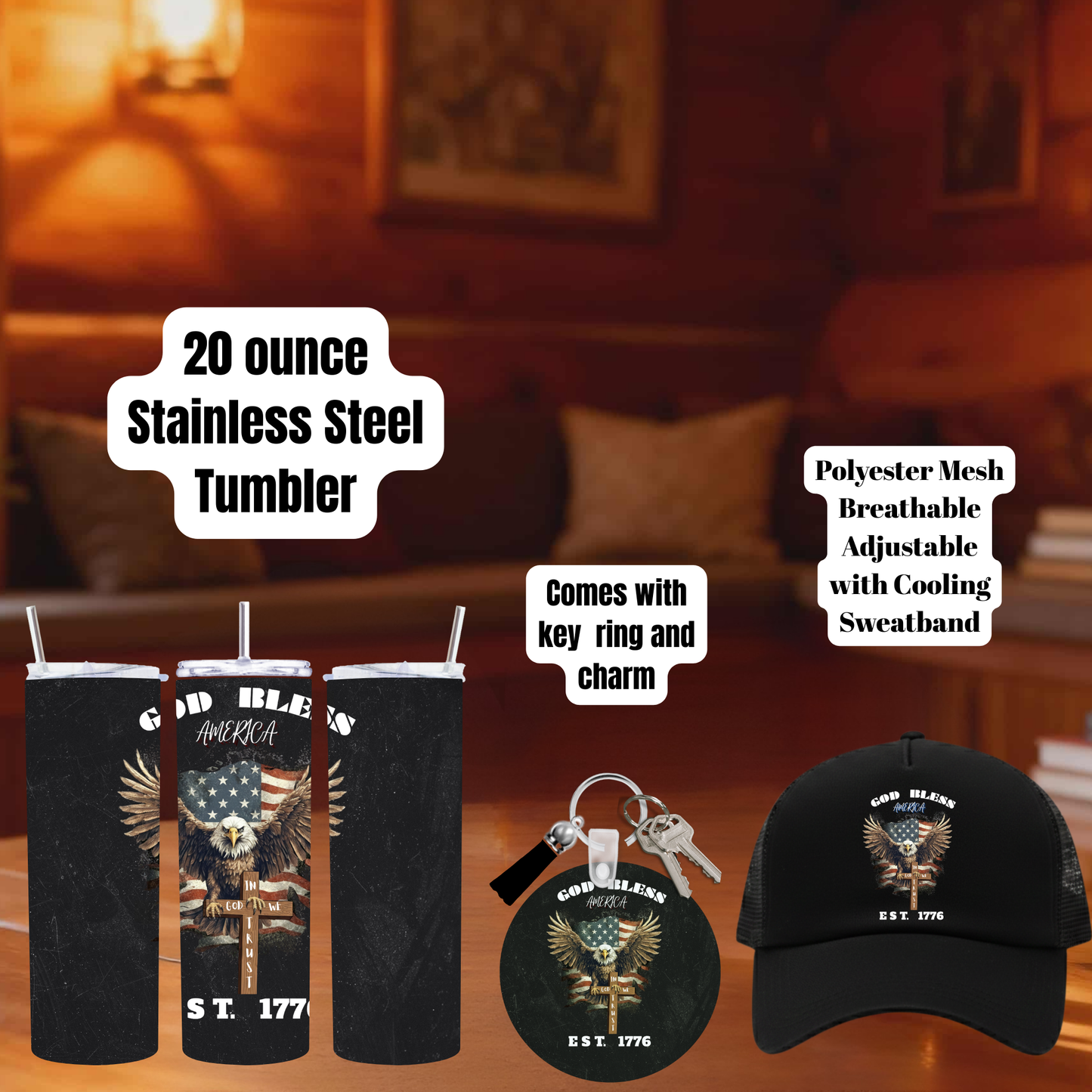 God Bless America Deluxe Set – 20oz Tumbler, Keychain & Trucker Hat (Save $3)
