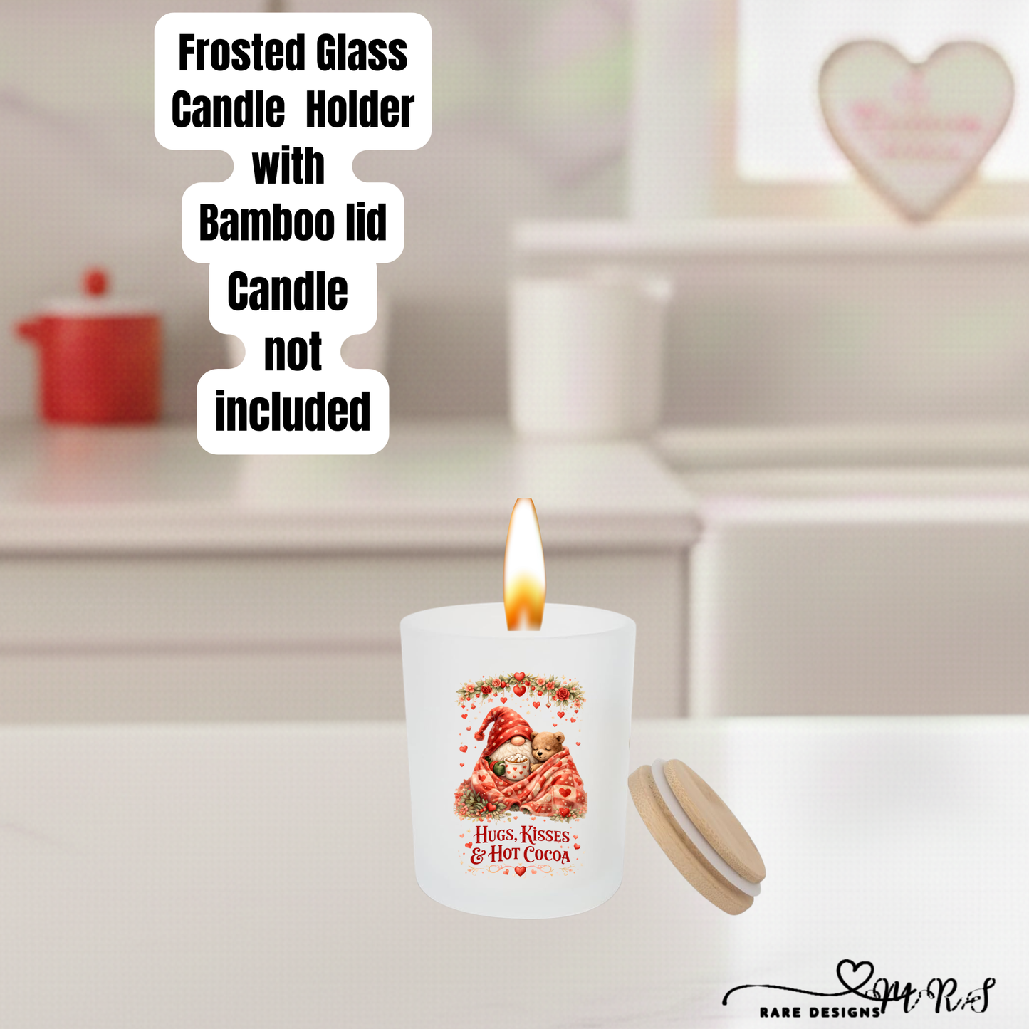 Love Collection Frosted Glass Candle Holder – Romantic Decorative Jar with Bamboo Lid (Candle Not Included)