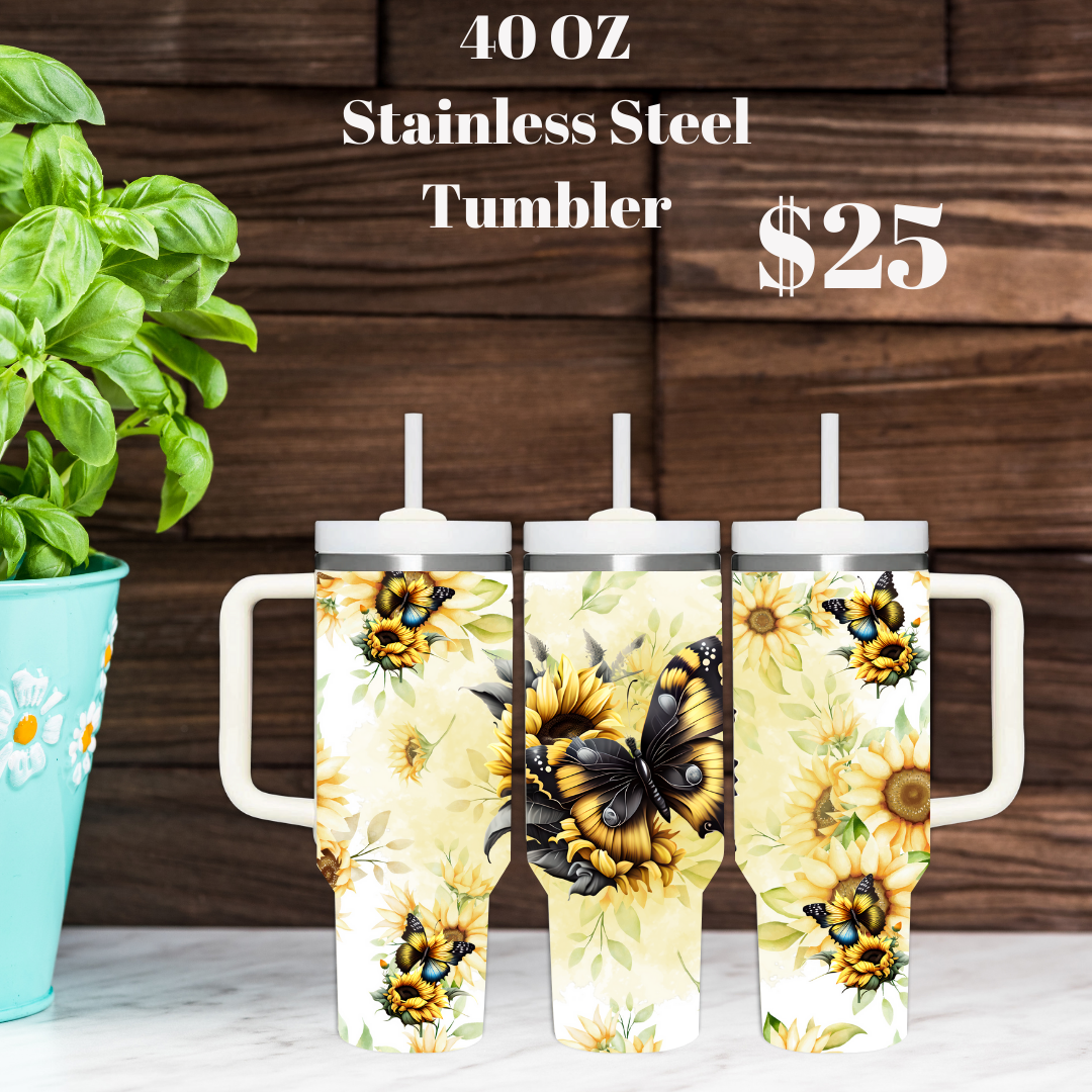 Butterfly and Sunflower 40oz Stainless Steel Tumbler