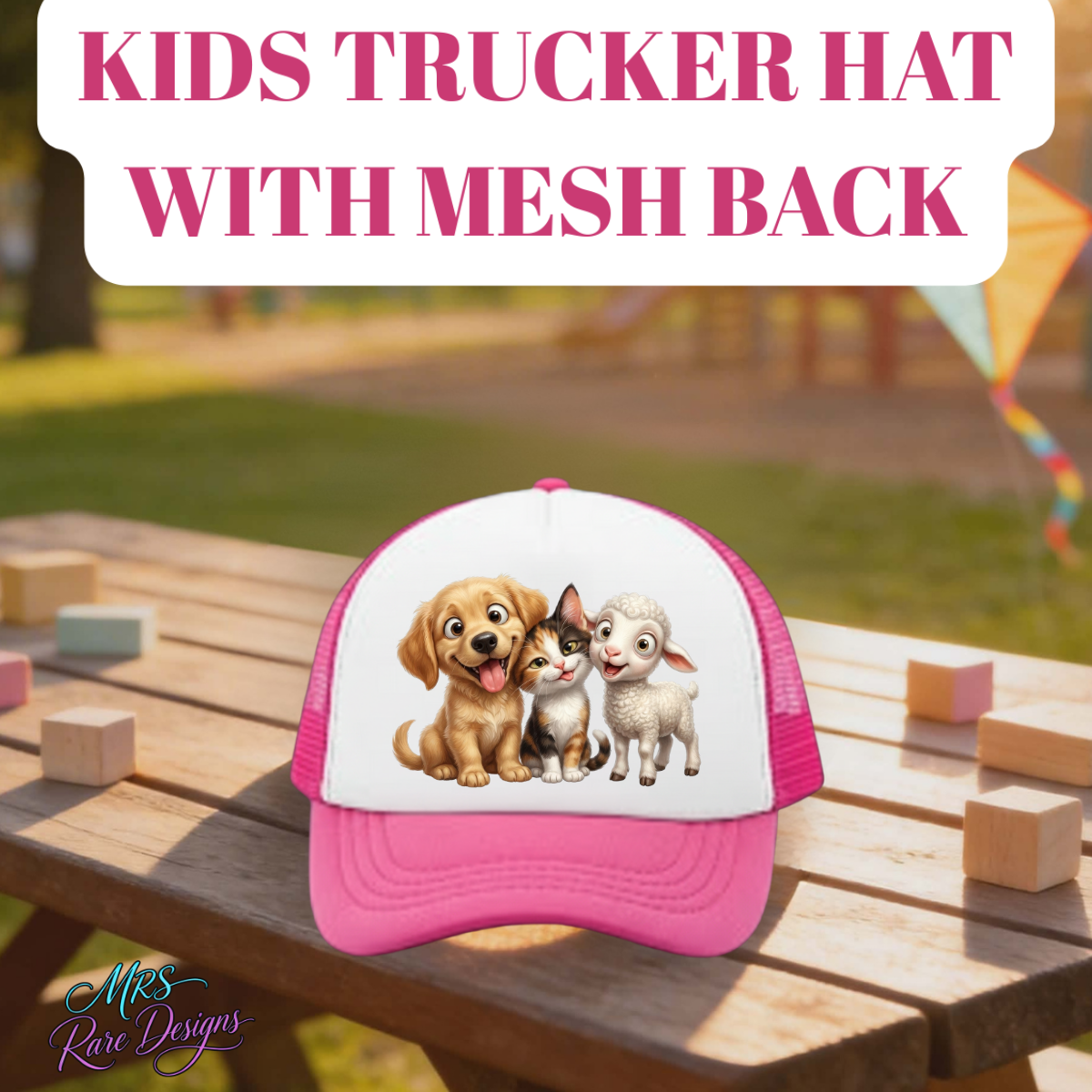 Farm Friends Kids Trucker Hat Collection – Dog, Cat & Lamb Mesh Back Snapback Caps