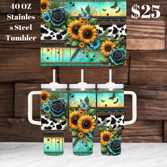 Sunflower and Cow Print 40oz Stainless Steel Tumbler