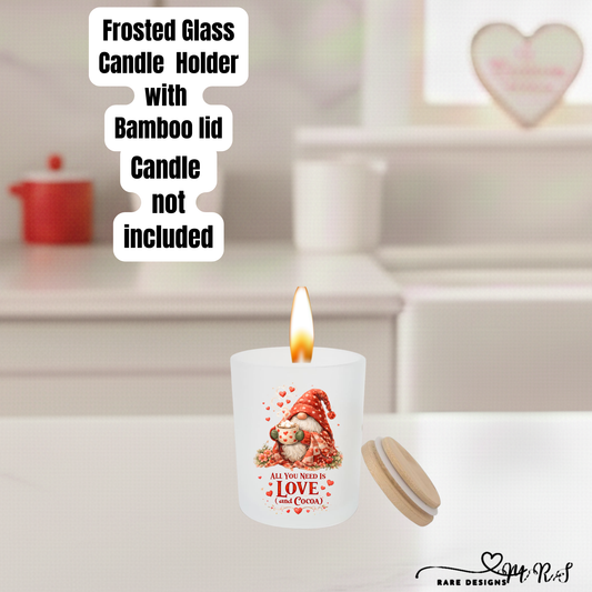 Love Collection Frosted Glass Candle Holder – Romantic Decorative Jar with Bamboo Lid (Candle Not Included)
