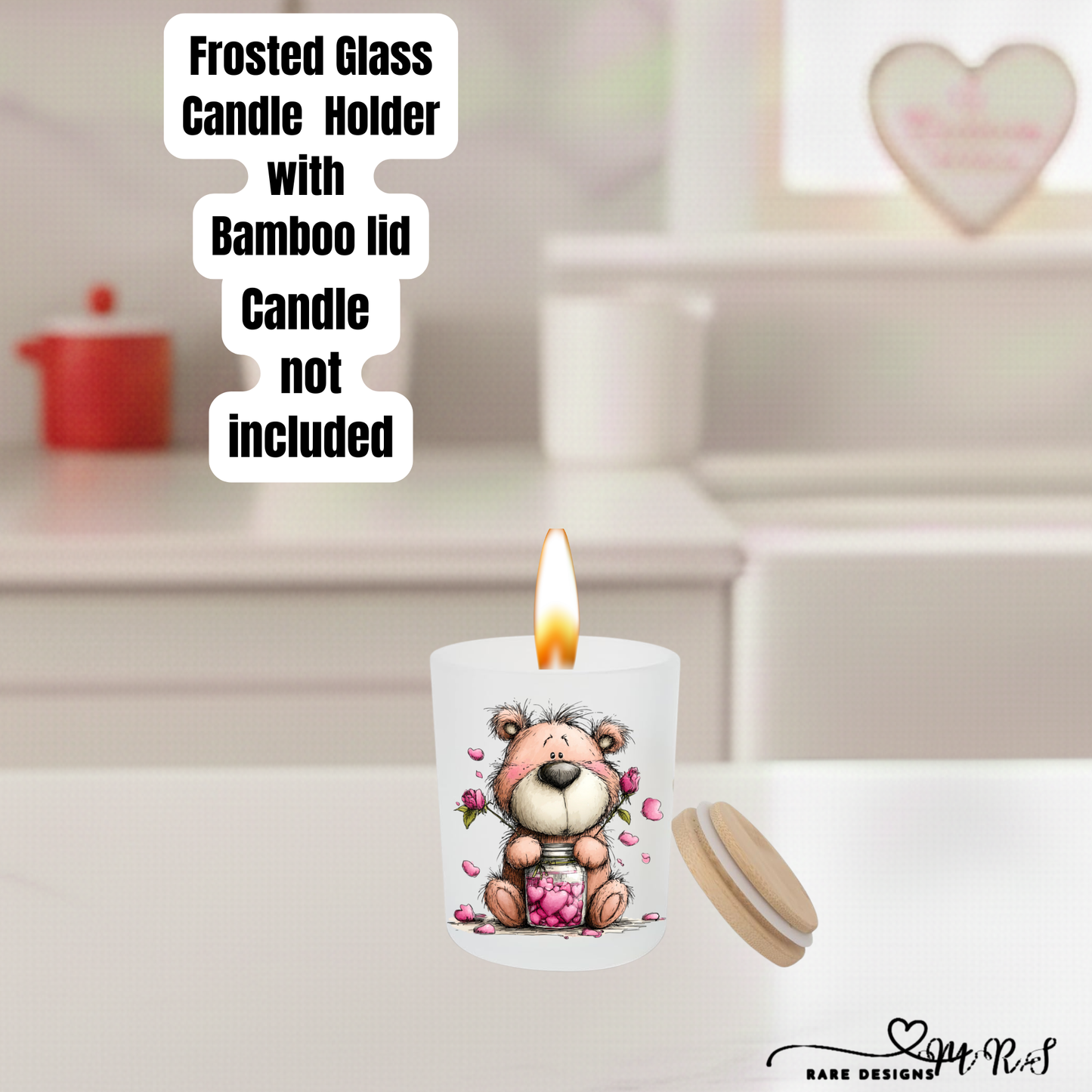 Adorable Teddy Bear Frosted Glass Candle Holder with Bamboo Lid – Valentine’s Gift Home Décor Collection