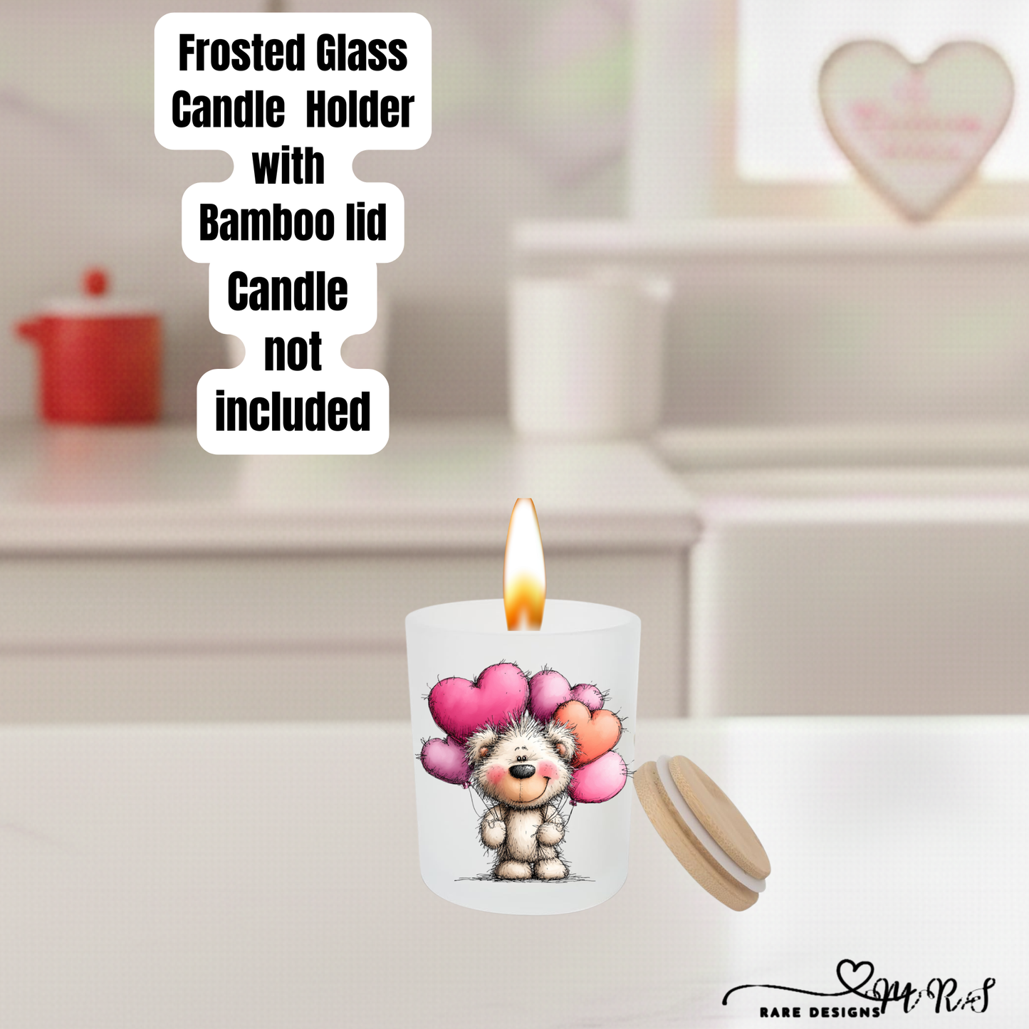 Adorable Teddy Bear Frosted Glass Candle Holder with Bamboo Lid – Valentine’s Gift Home Décor Collection