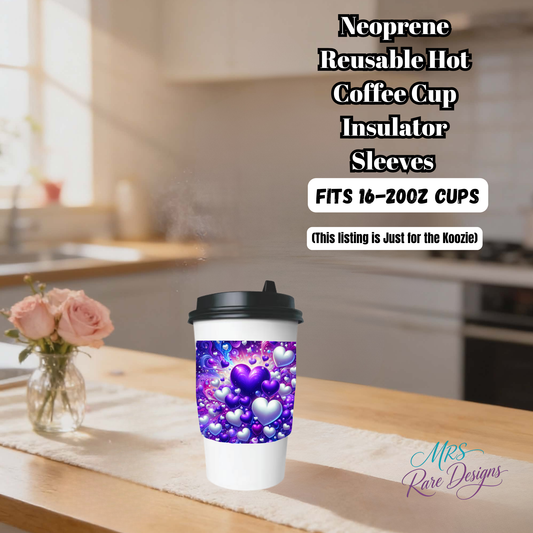 Purple Hearts Neoprene Reusable Coffee Cup Sleeve – Thermal Insulator Koozie for 16–20 oz Cups