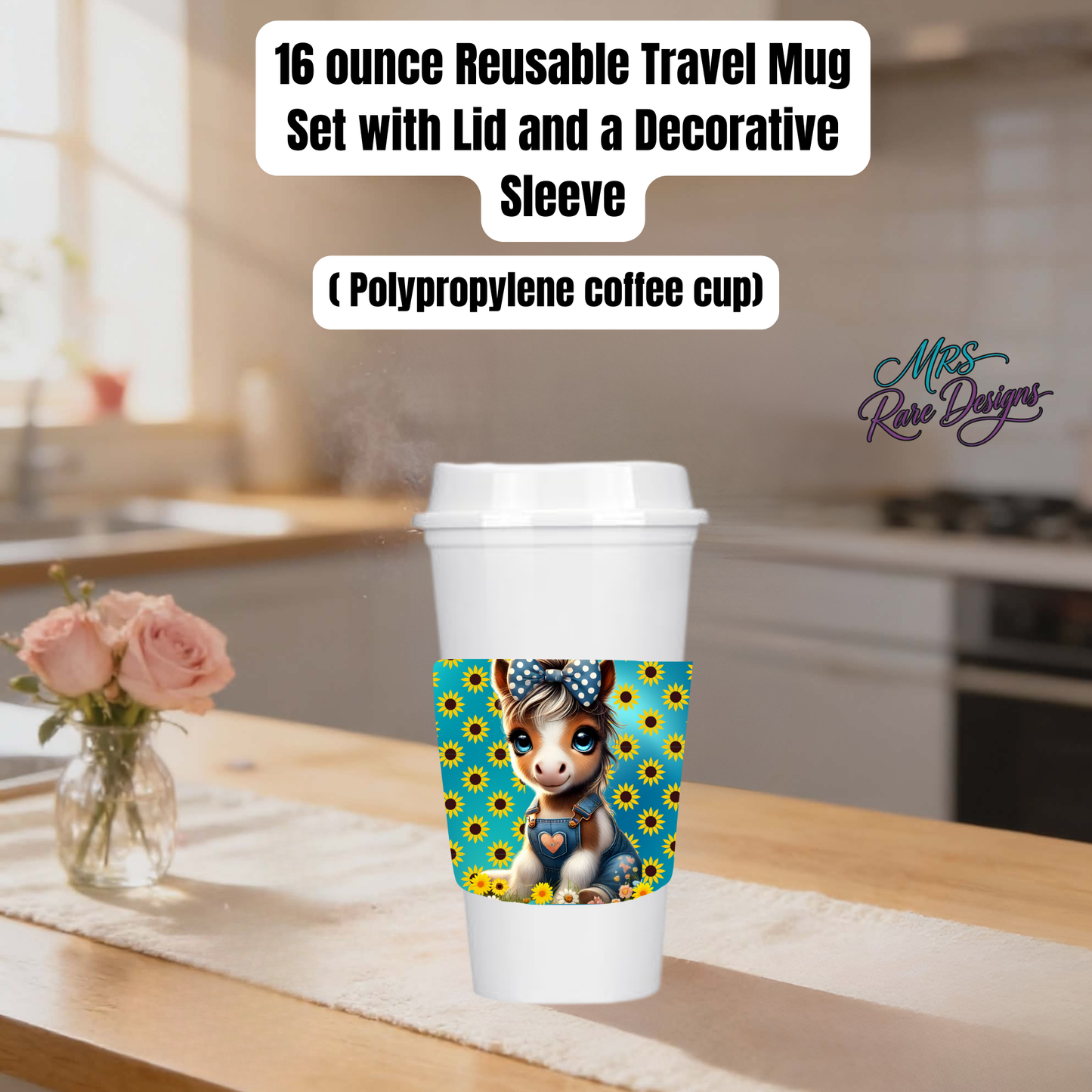 16 oz Sunflower Donkey Reusable Travel Mug – Polypropylene Coffee Cup with Lid & Decorative Sleeve (White or Black)