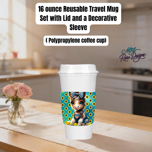 16 oz Sunflower Donkey Reusable Travel Mug – Polypropylene Coffee Cup with Lid & Decorative Sleeve (White or Black)