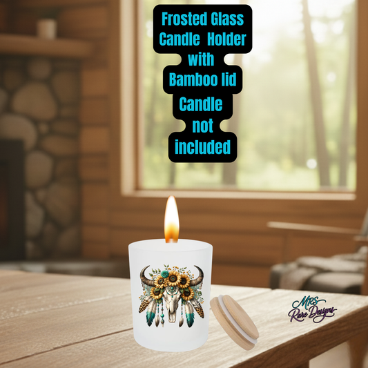 Boho Bull Skull Frosted Glass Candle Holder with Bamboo Lid – Sunflower & Feather Design (Candle Not Included)