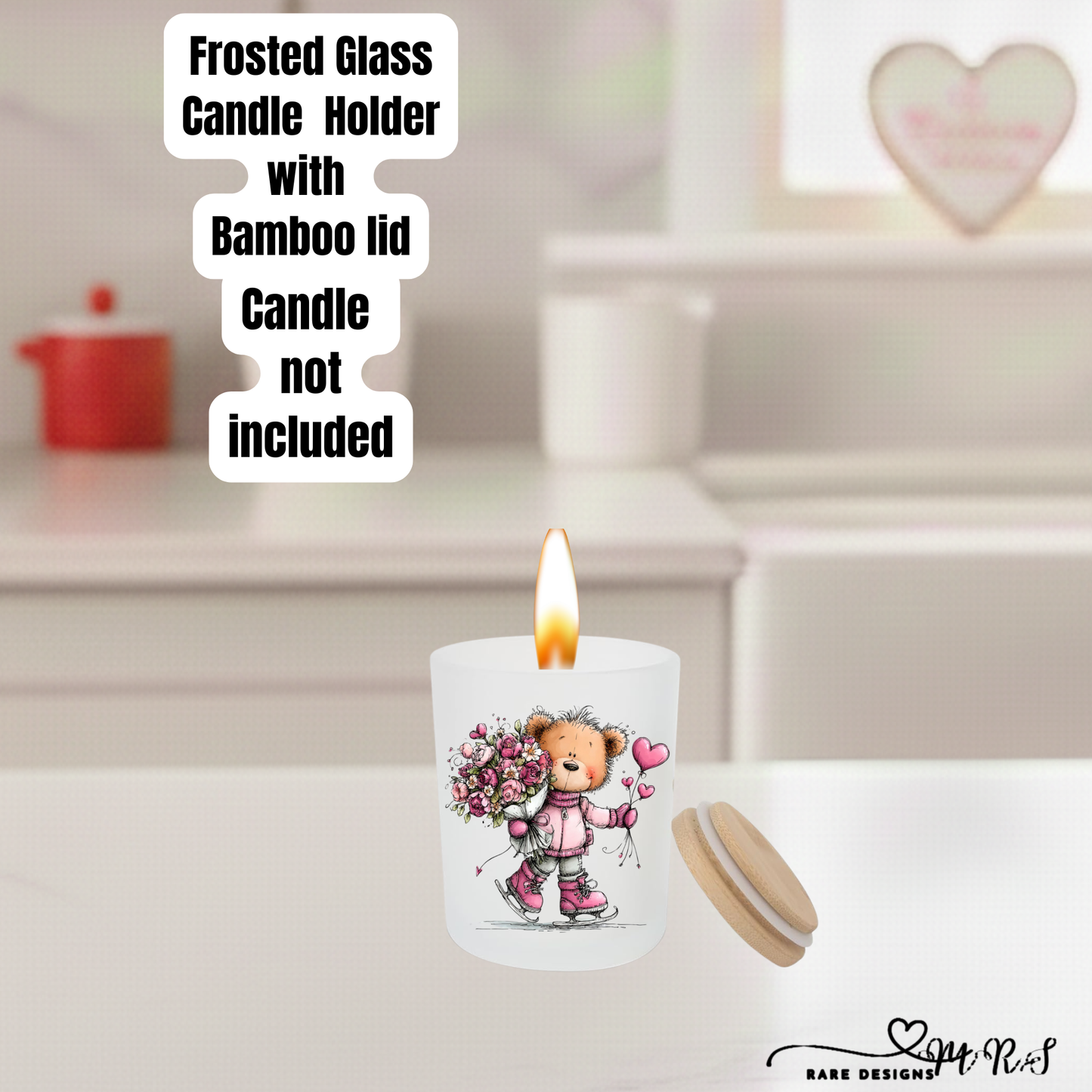 Adorable Teddy Bear Frosted Glass Candle Holder with Bamboo Lid – Valentine’s Gift Home Décor Collection