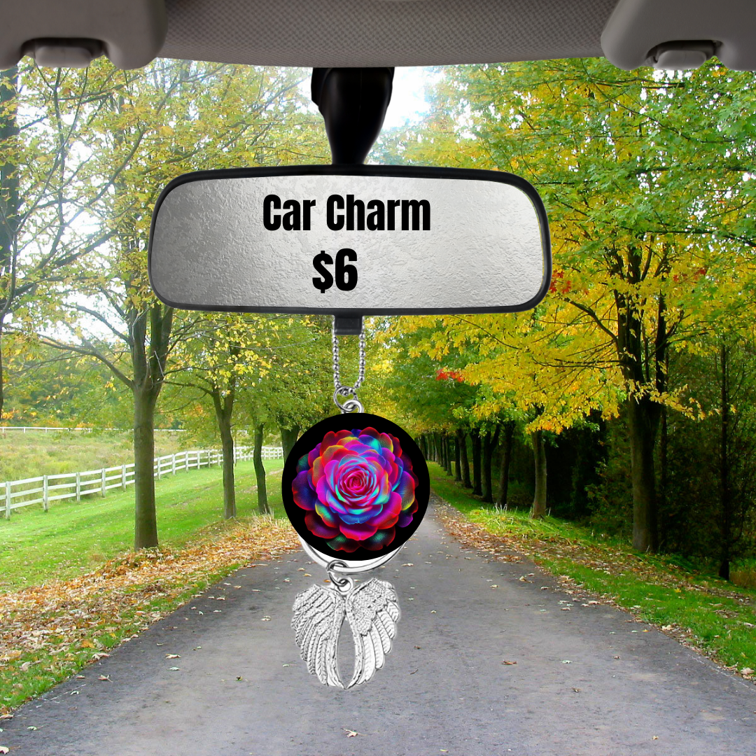 Vibrant Floral Car Charm with Angel Wings