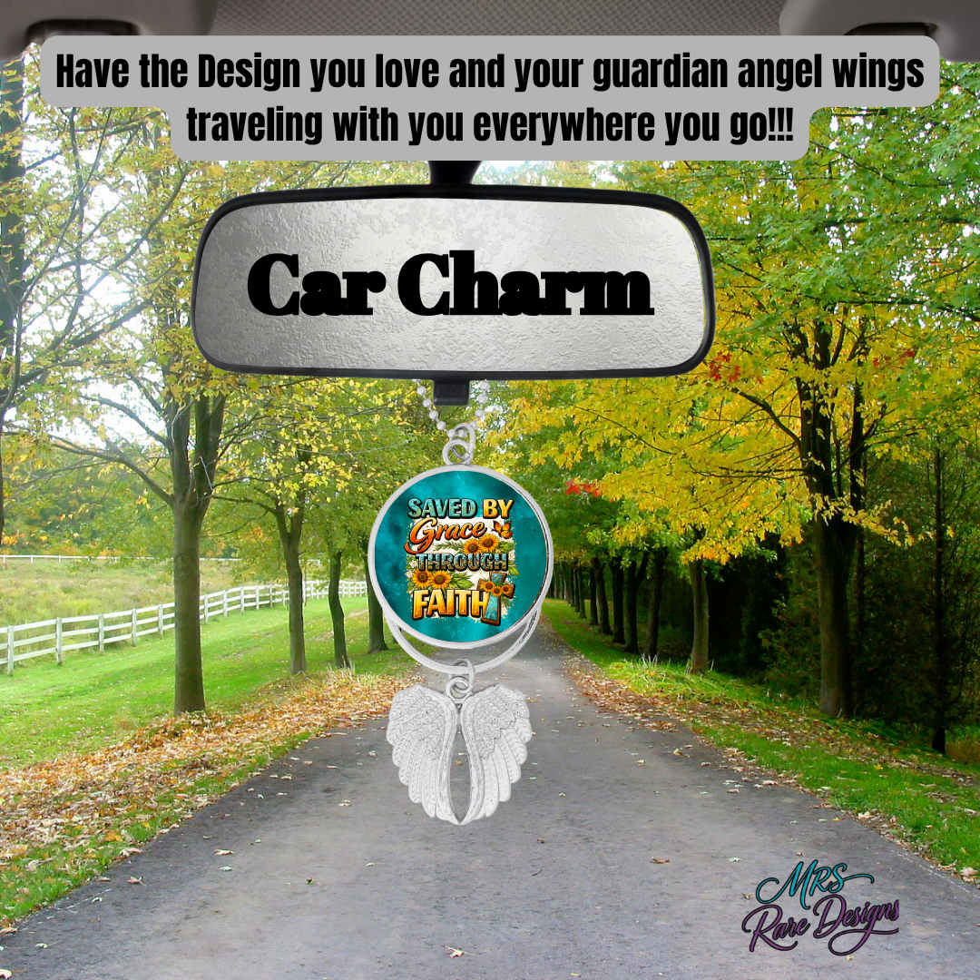 “Saved by Grace Through Faith” Angel Wings Car Charm – Inspirational Christian Rearview Mirror Decor