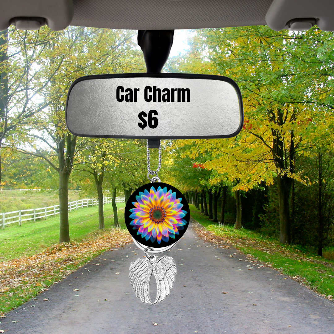 Vibrant Floral Car Charm with Angel Wings