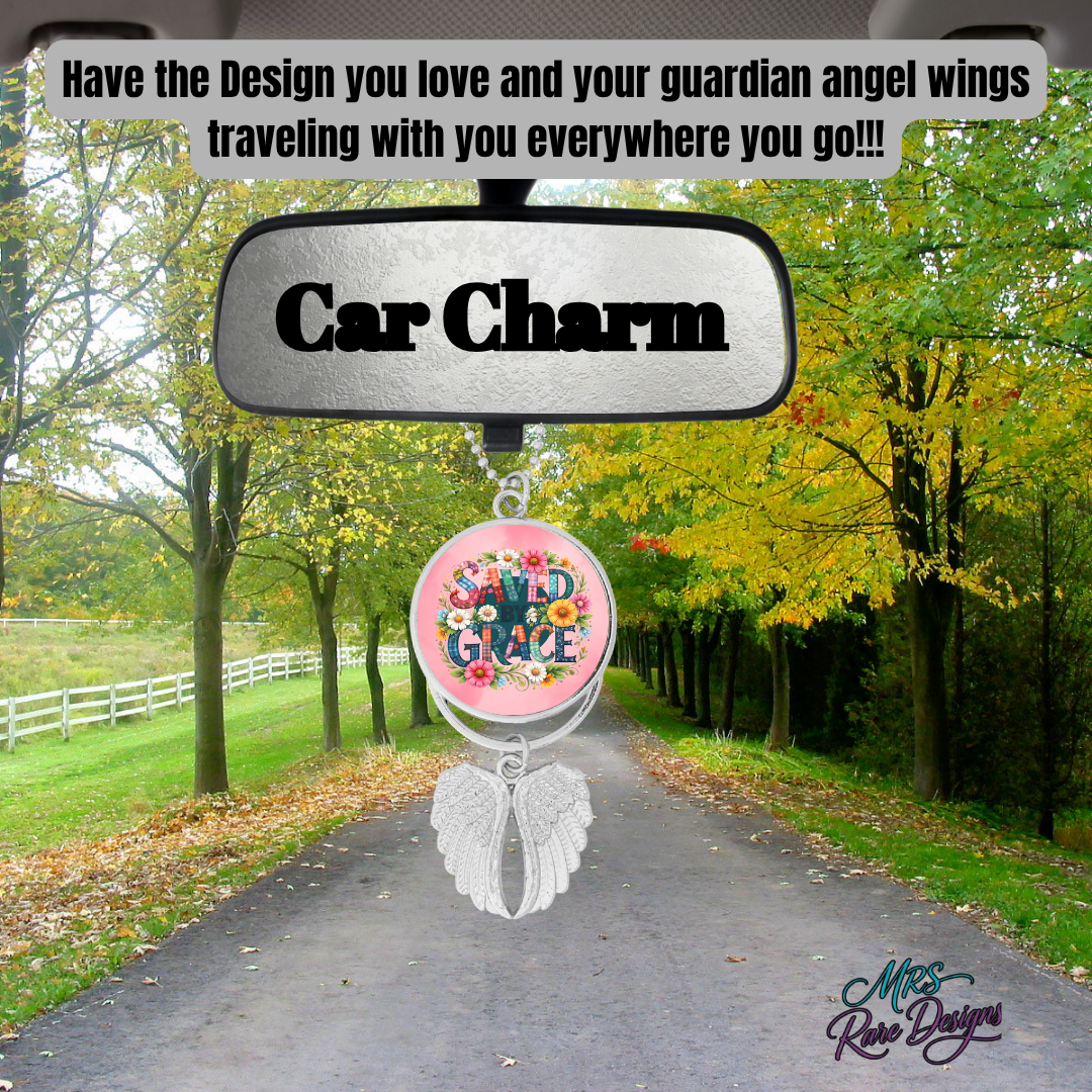 “Saved by Grace” Guardian Angel Wings Car Charm – Floral Faith Rearview Mirror Hanging Decor