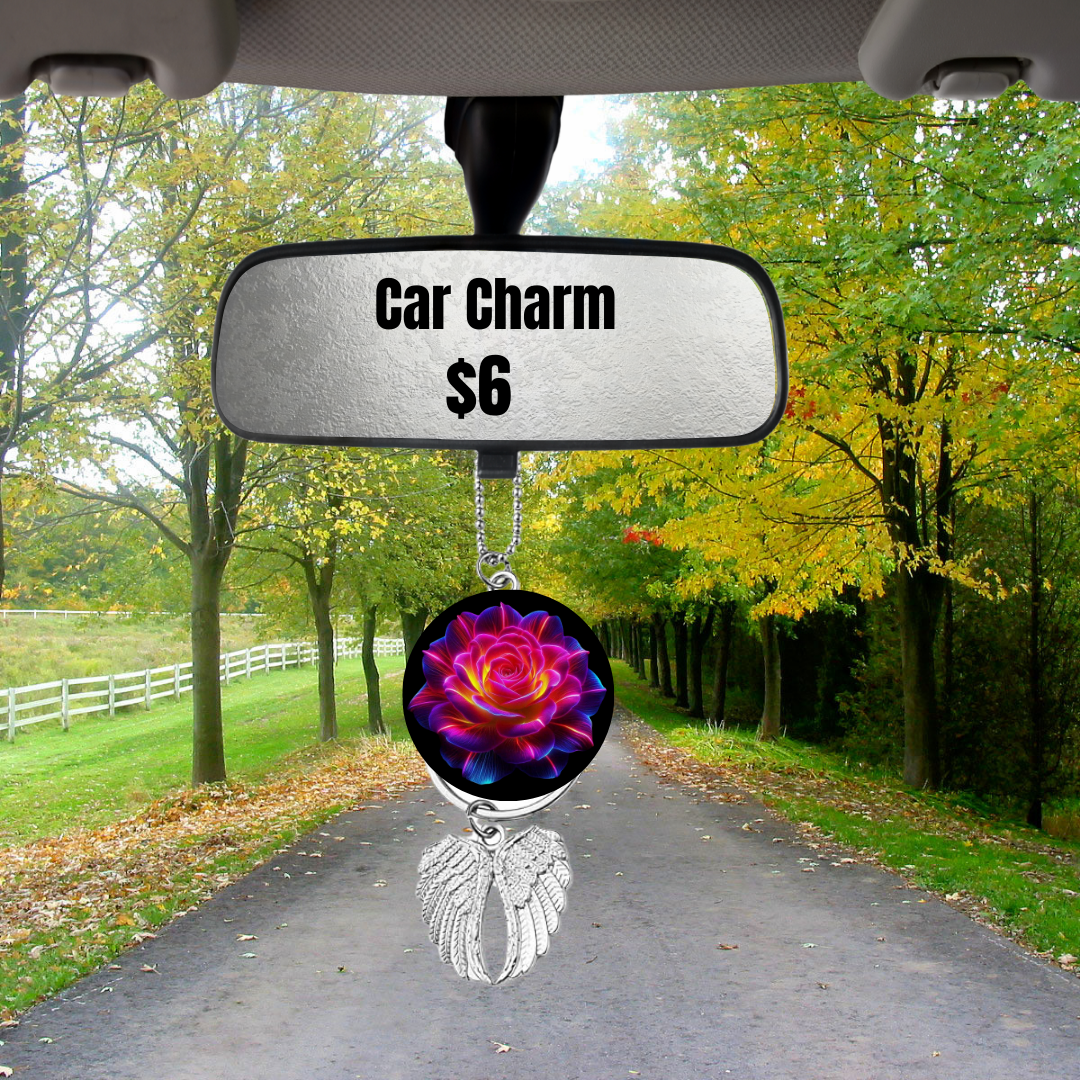 Vibrant Floral Car Charm with Angel Wings