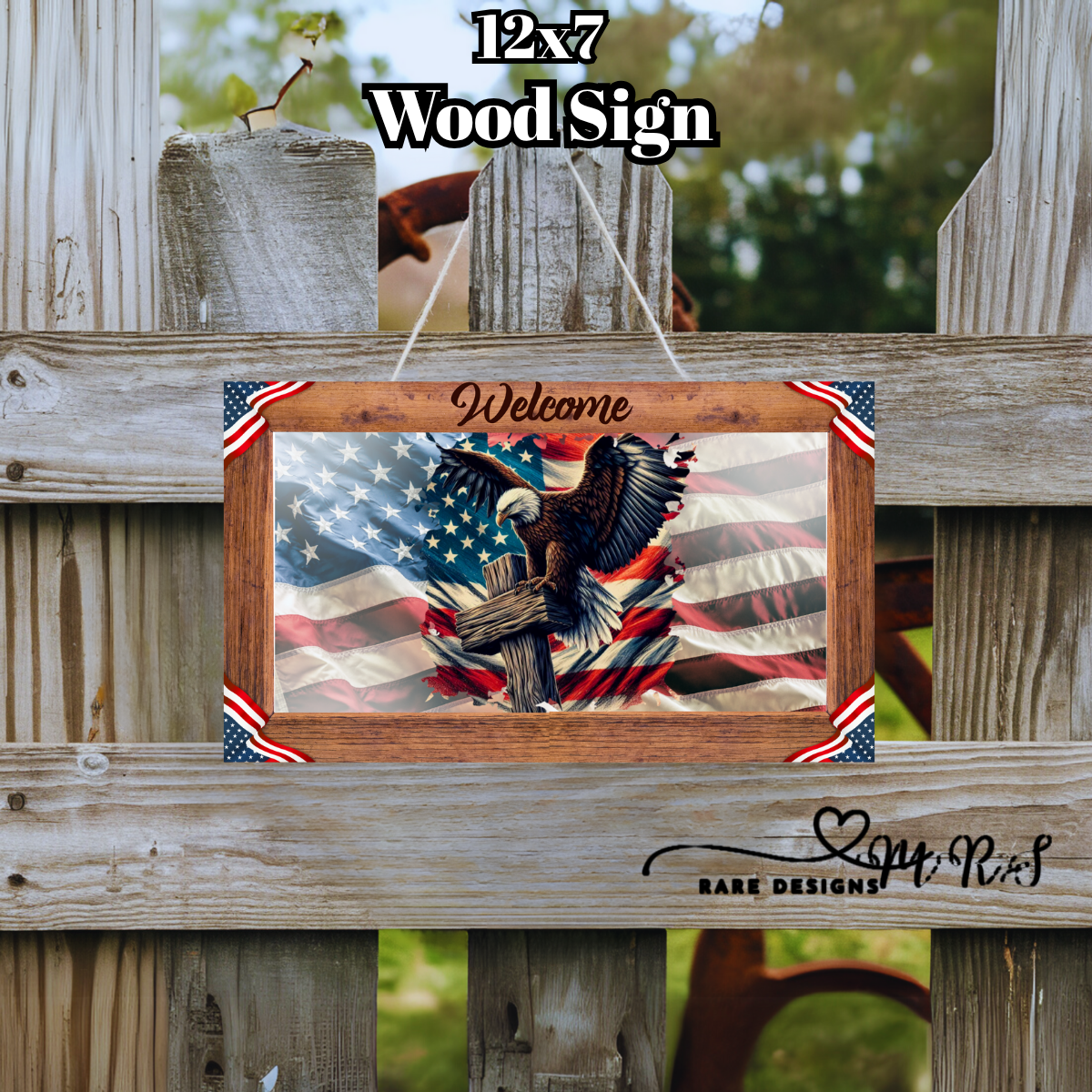 Patriotic Eagle 12x7 Welcome Wood Sign