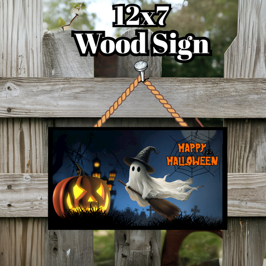 Haunted Night Halloween Wood Sign Duo – Ghost & Pumpkin Design (12x7 Inch)