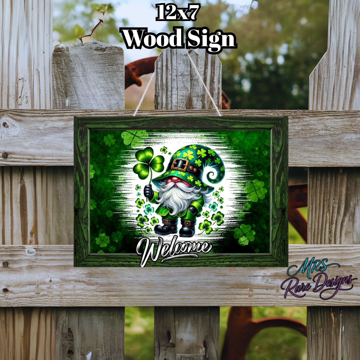 Lucky Gnome Shamrock Welcome Wood Sign – St. Patrick’s Day Door Decor (12x7)