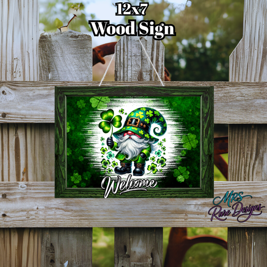 Lucky Gnome Shamrock Welcome Wood Sign – St. Patrick’s Day Door Decor (12x7)