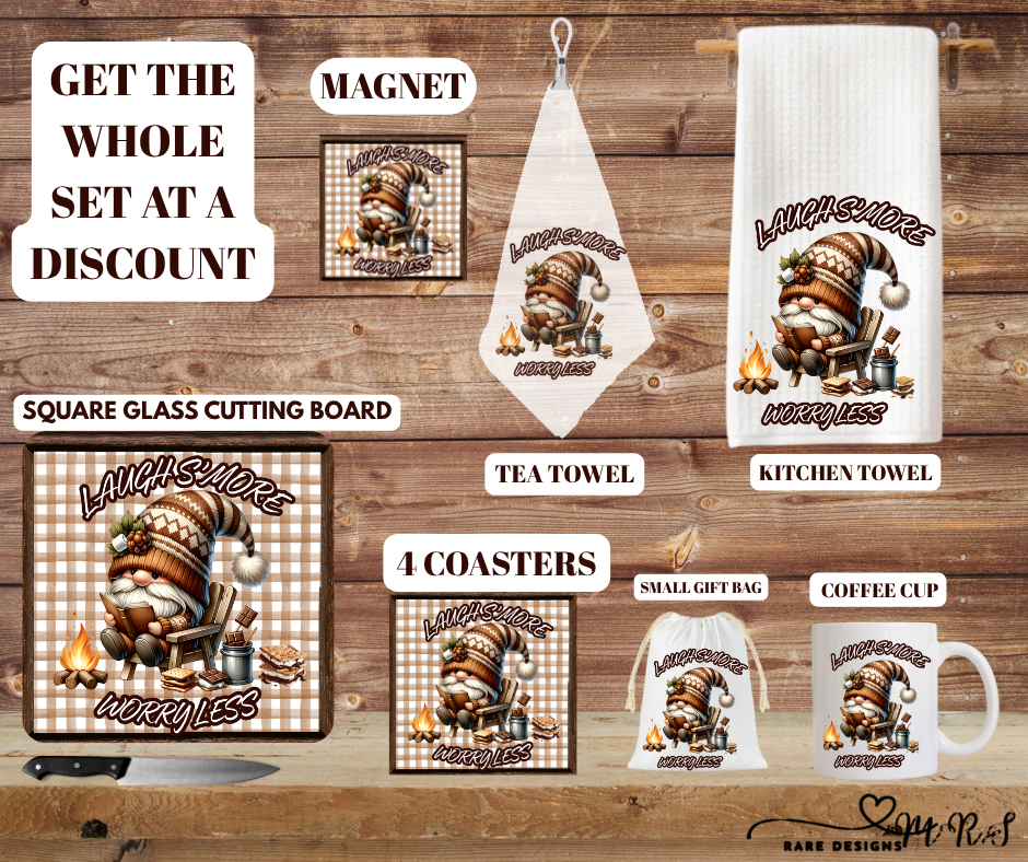 Laugh S’more, Worry Less — Campfire Gnome Kitchen & Coffee Set