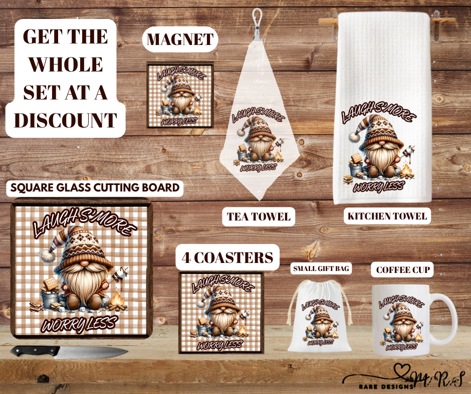 Laugh S’more, Worry Less — Gingham Campfire Gnome Kitchen & Coffee Set