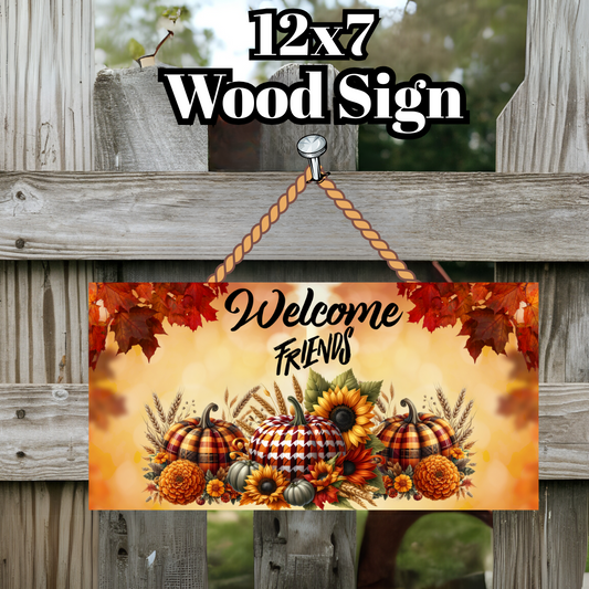 Welcome Friends Fall Pumpkin Wood Sign – 12x7 Rustic Wall Décor
