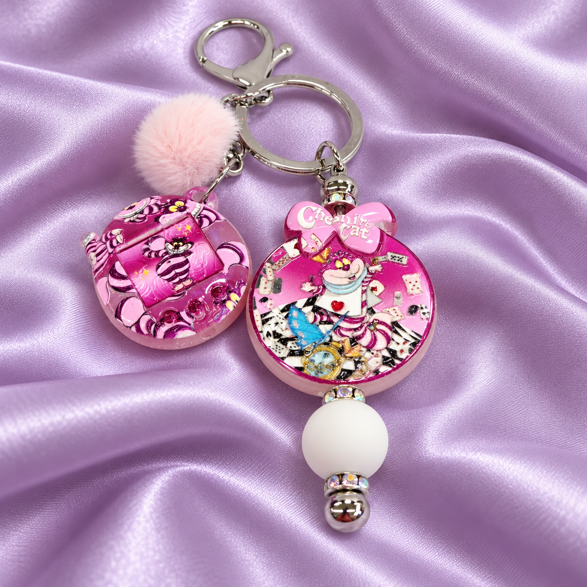 Cheshire Cat Pink Beaded Keychain with Pom Pom