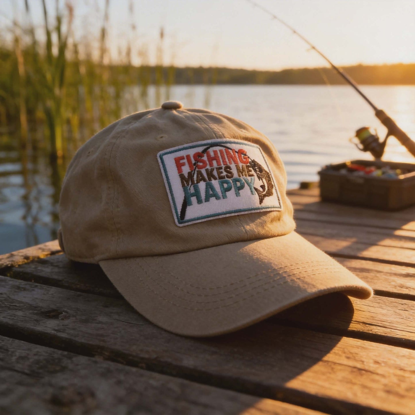 “Fishing Makes Me Happy” 100% Fabric Dad Hat – Embroidered Fisherman Cap