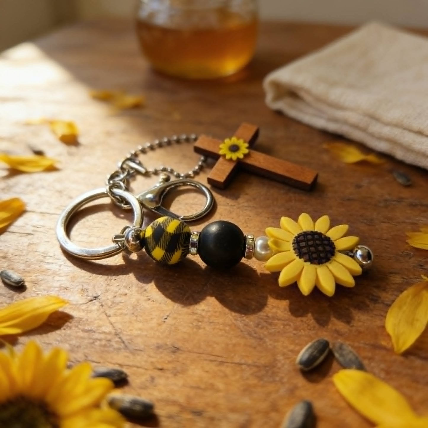 Sunflower Faith Wooden Cross Beaded Keychain & Bag Charm