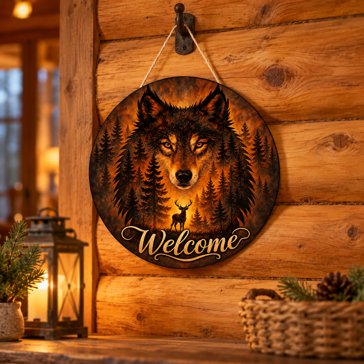 Amber Wilderness Wolf 12-Inch Aluminum Welcome Sign