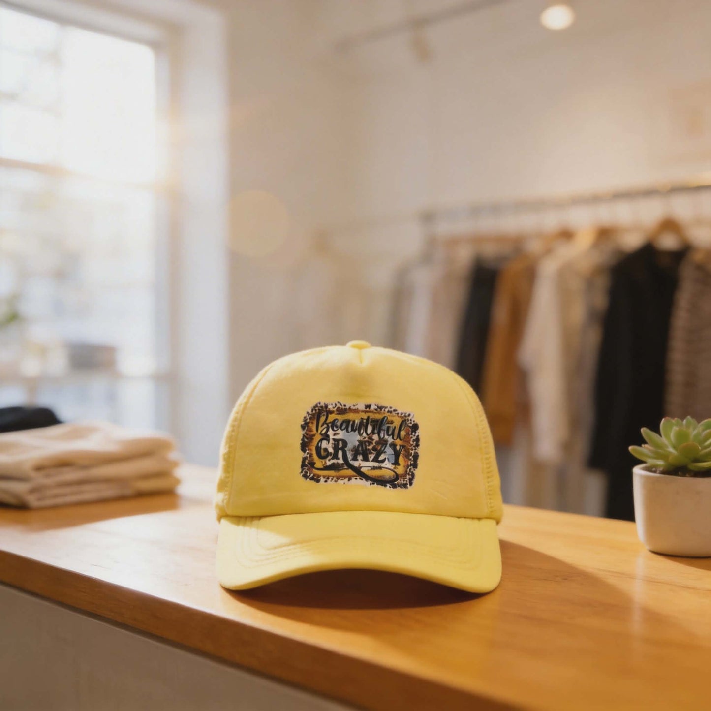 “Beautiful Crazy” Yellow Mesh Trucker Hat – DTF Leopard Print Graphic Cap