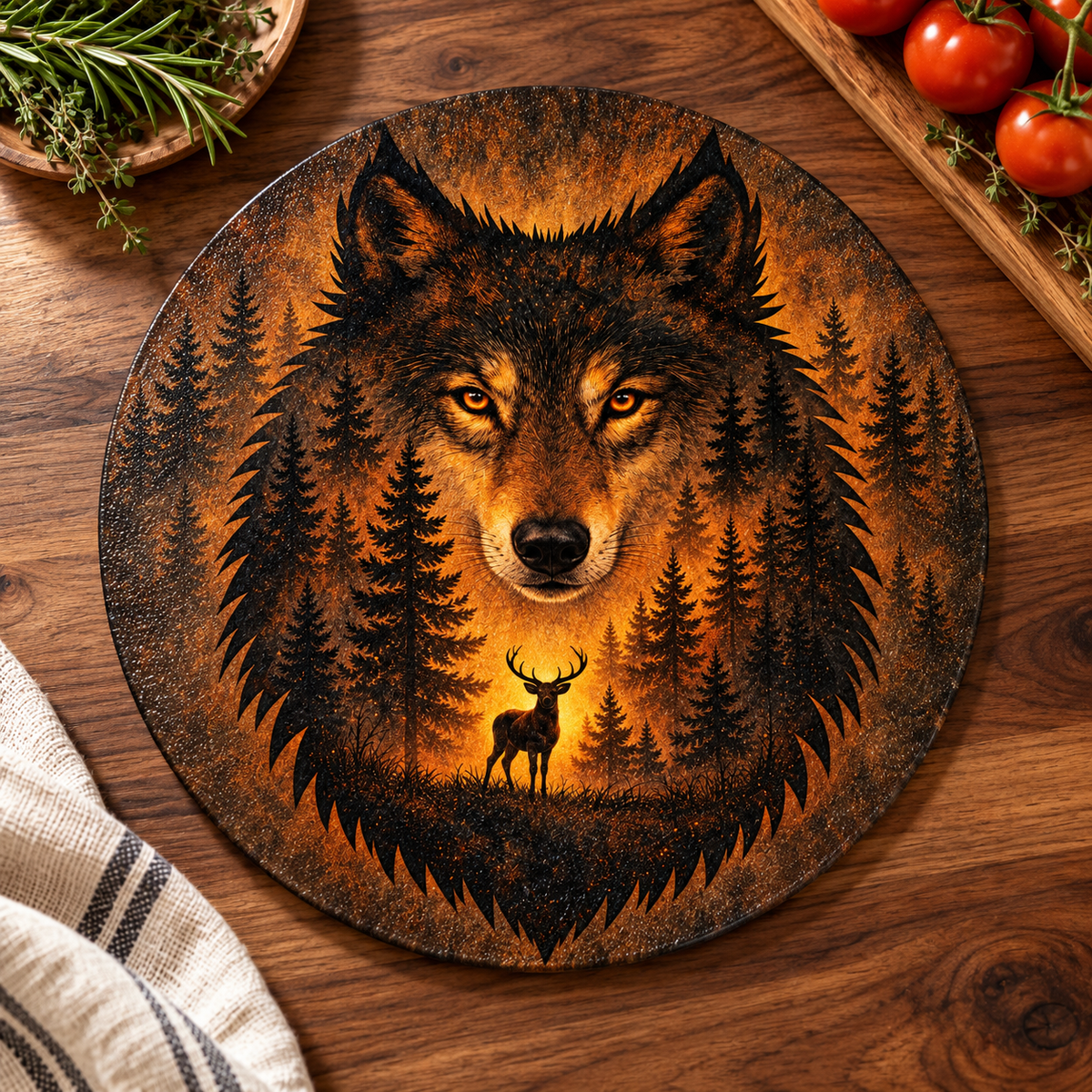 Amber Wilderness Wolf 9-Inch Round Glass Cutting Board