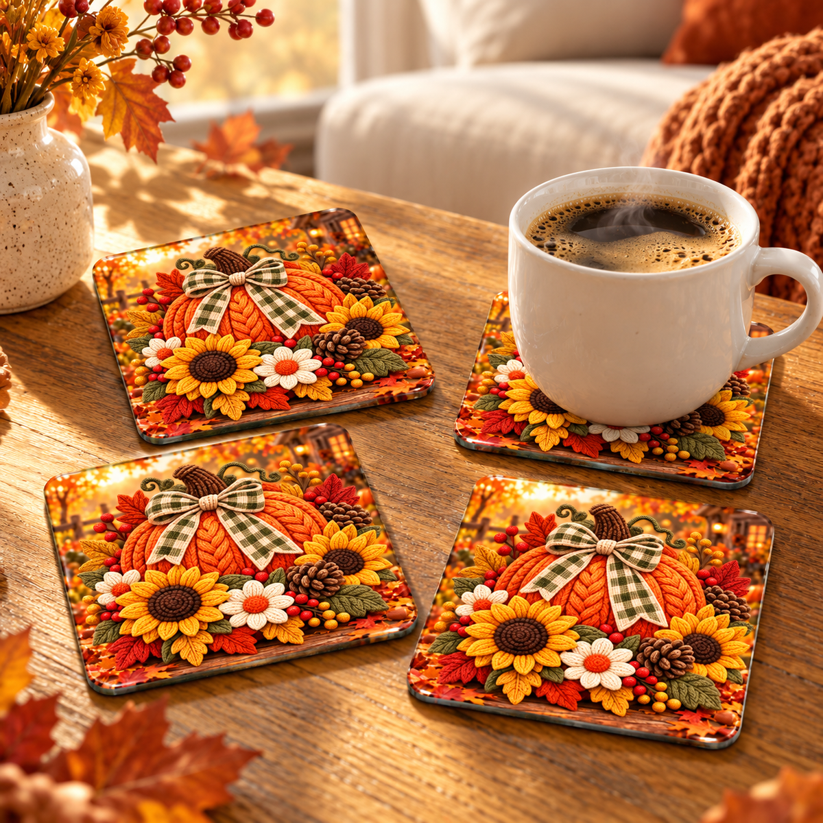 Cozy Harvest Pumpkin & Sunflower Glass Coaster Set