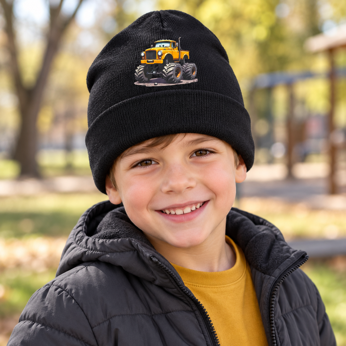 "Big Wheels, Cozy Days" Monster Truck Beanie