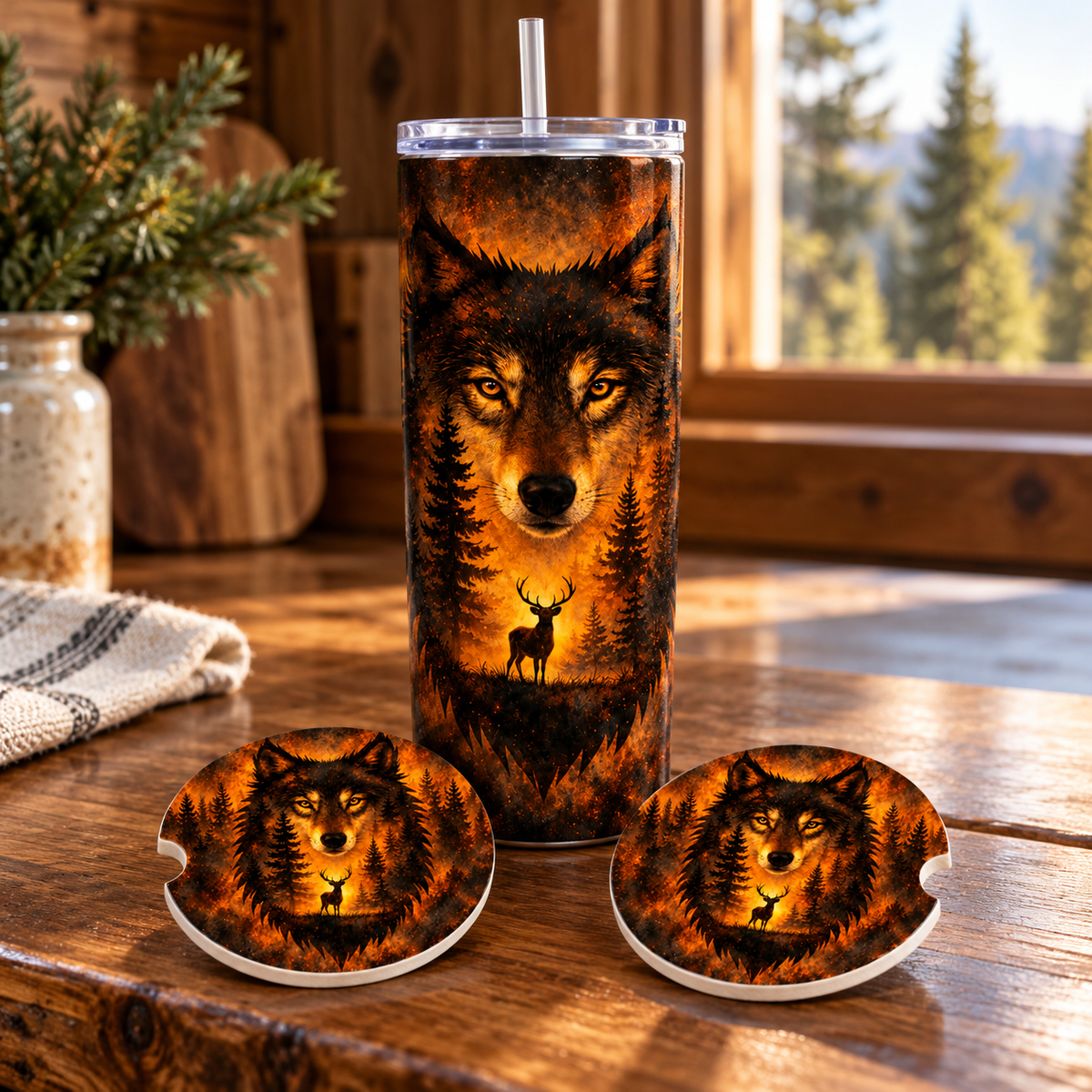Amber Wilderness Wolf 30-Ounce Tumbler & Car Coaster Gift Set