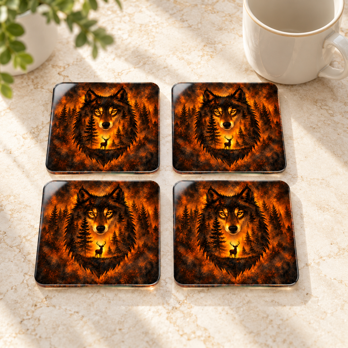 Amber Wilderness Wolf Square Glass Coasters – Set of 4