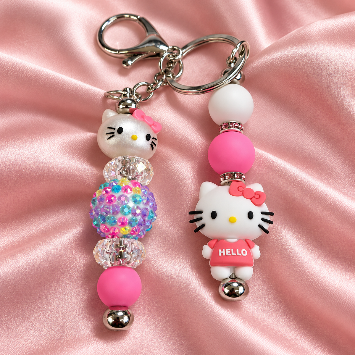 Pink Cat Beaded Keychain with Bow