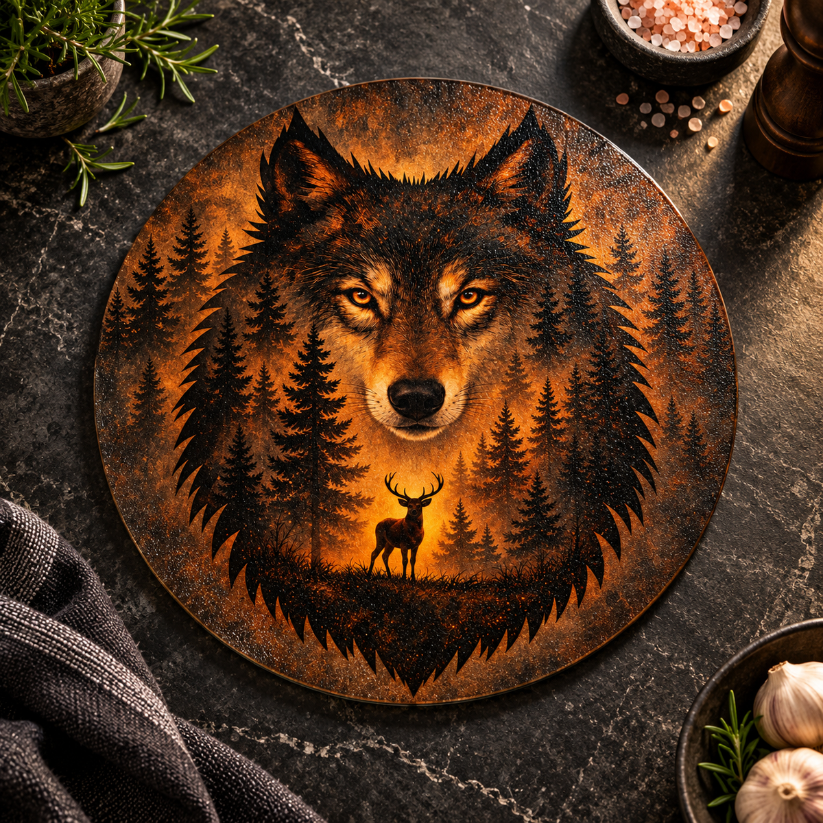 Amber Wilderness Wolf 9-Inch Round Glass Cutting Board