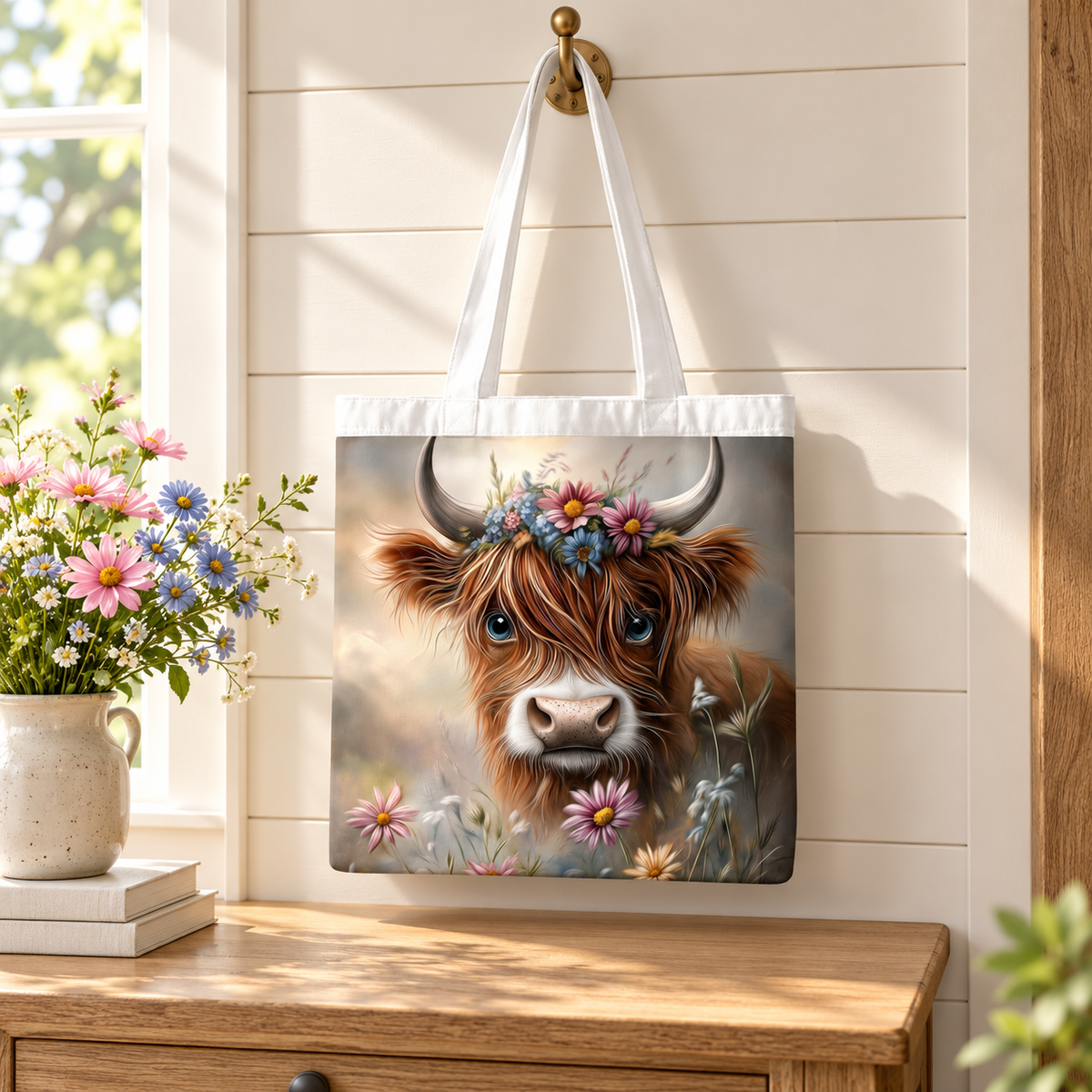 Wildflower Sweetheart Highland Cow Tote Bag