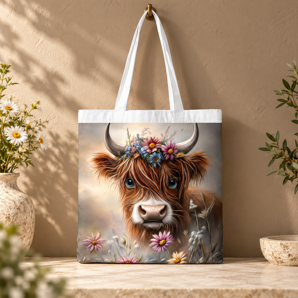 Wildflower Sweetheart Highland Cow Tote Bag