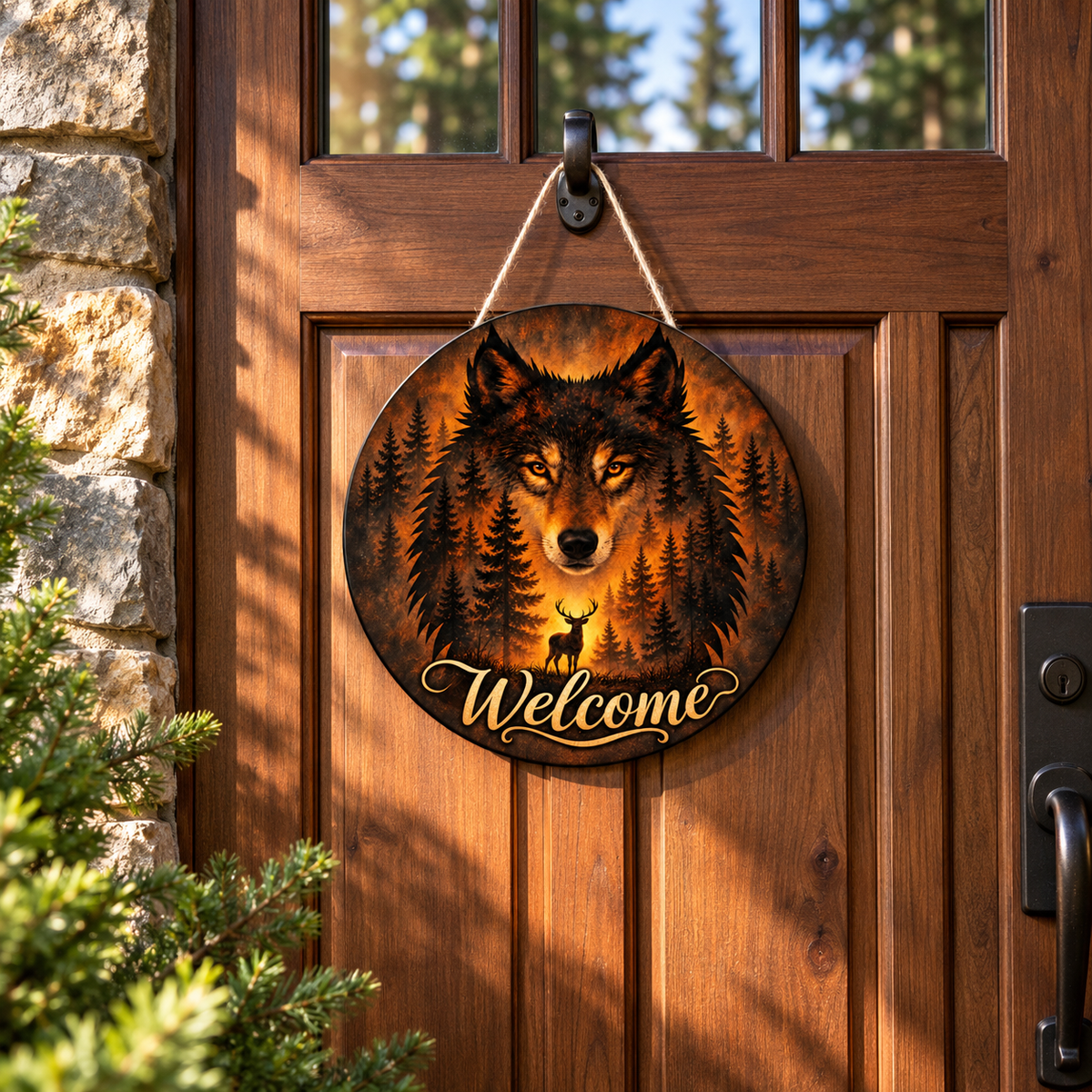 Amber Wilderness Wolf 12-Inch Aluminum Welcome Sign