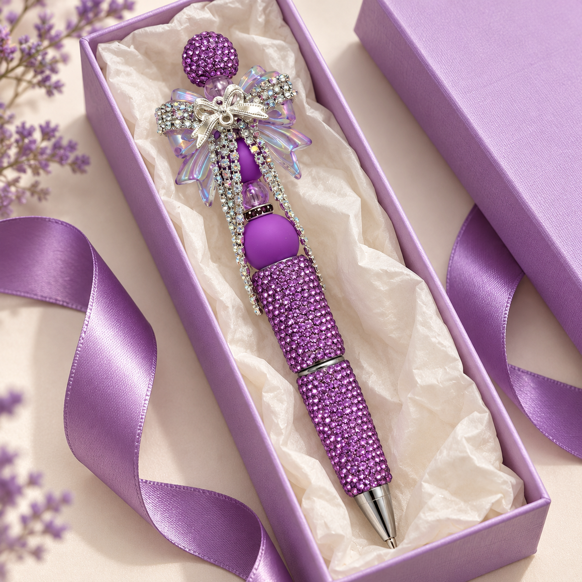 Amethyst Charm Purple Rhinestone Bow Pen