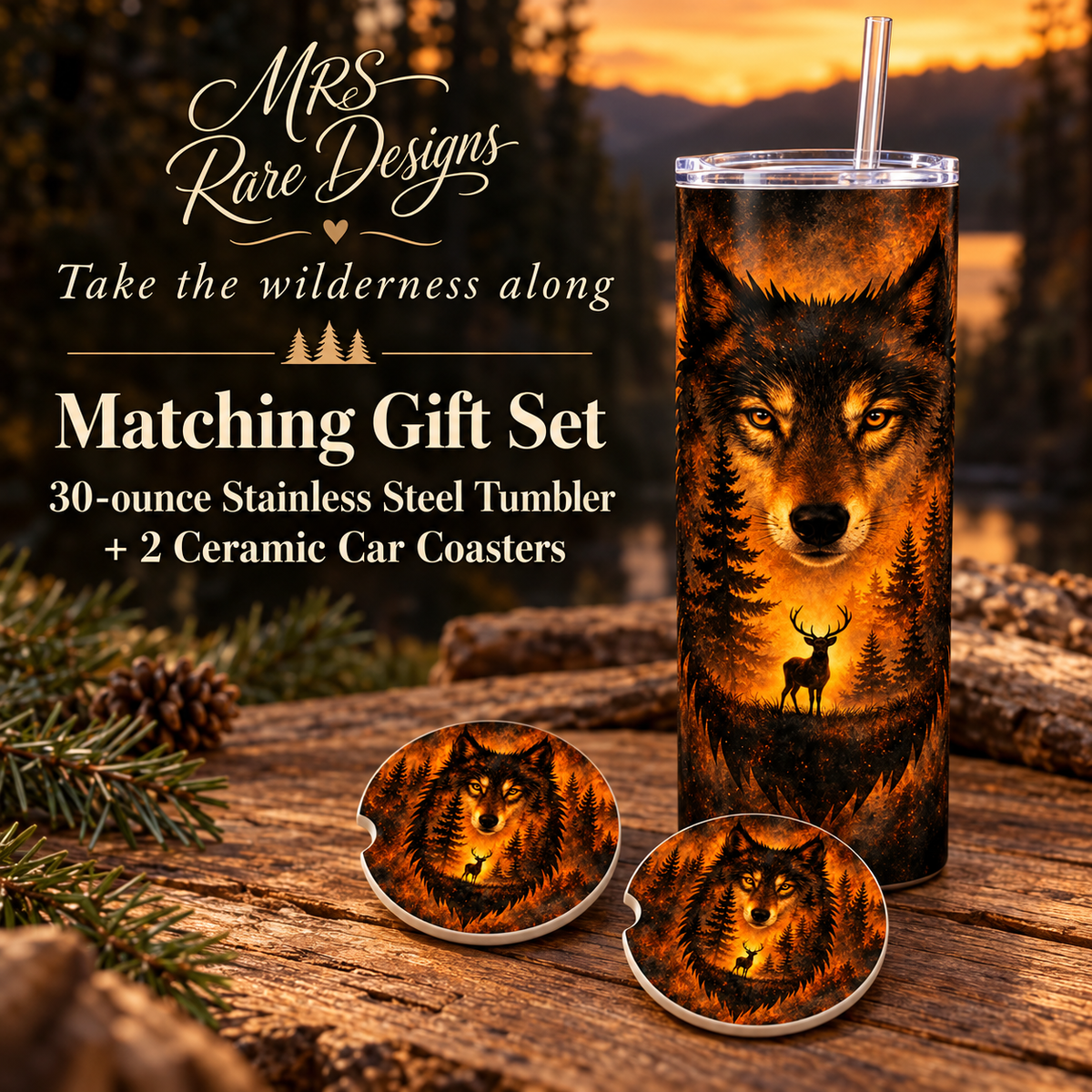 Amber Wilderness Wolf 30-Ounce Tumbler & Car Coaster Gift Set