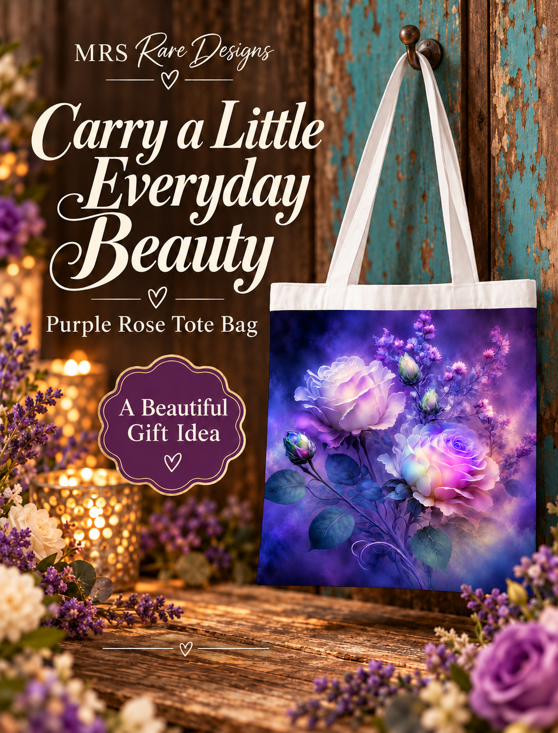 Twilight Bloom Purple Rose Tote Bag
