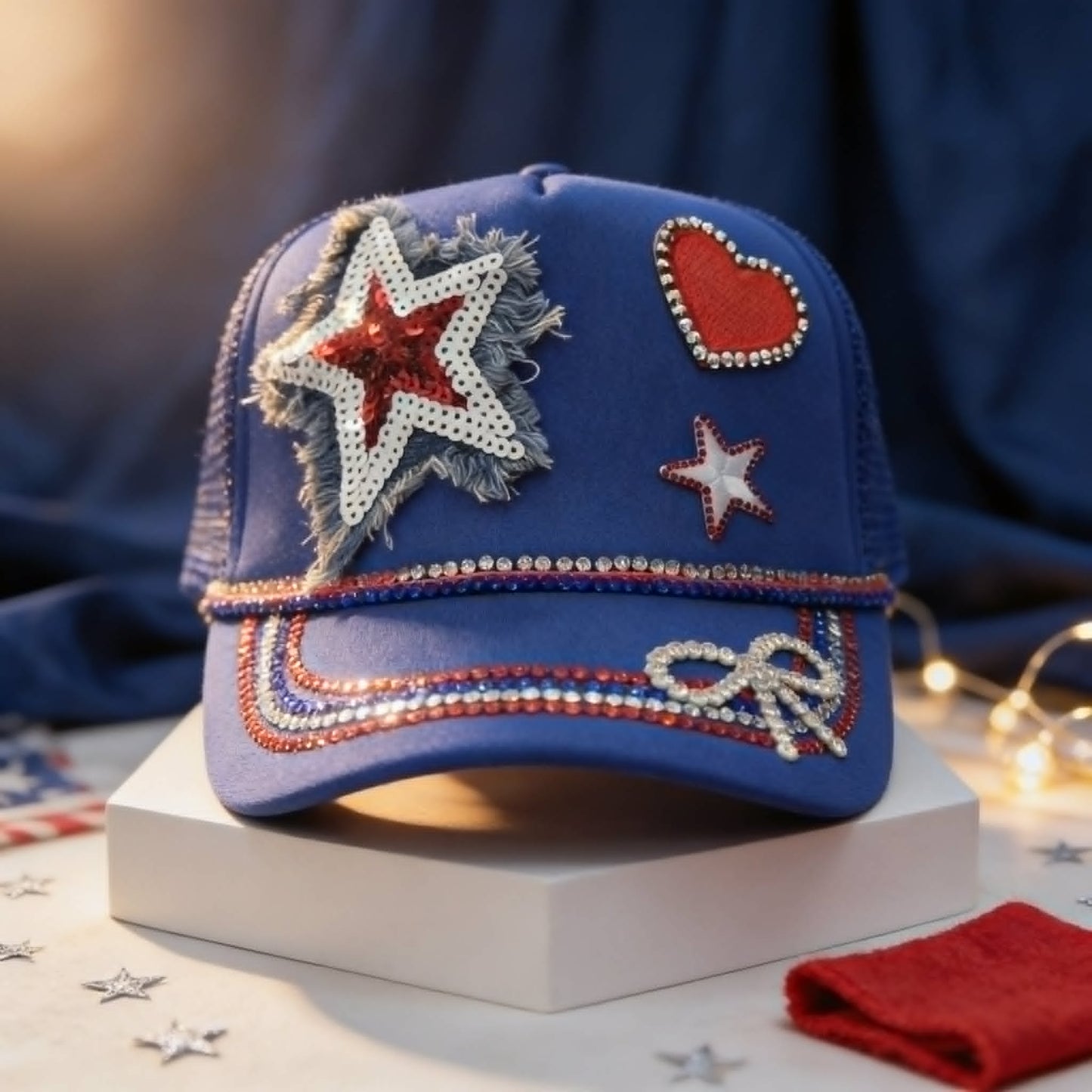 "Liberty Belle Rhinestone Glam Trucker Hat"